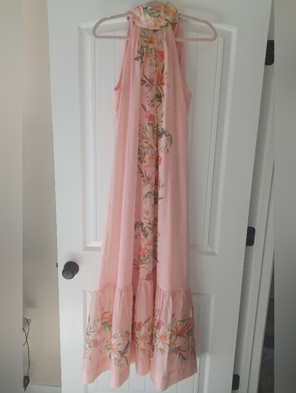 Versona Coral-Peach Floral Halter Maxi Dress with Back Bow - Picture 3 of 11